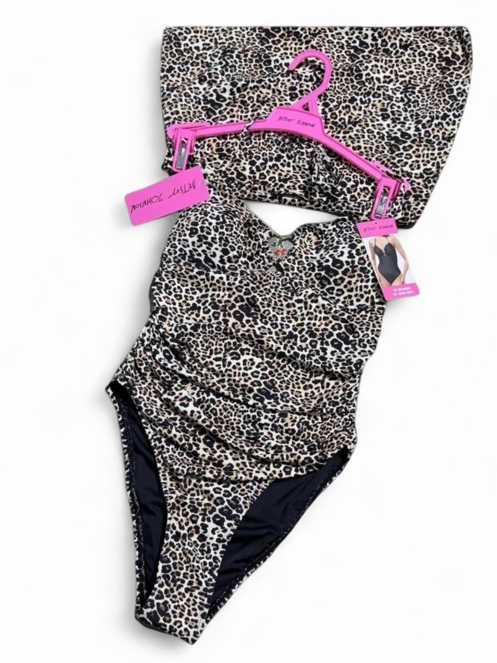 NWT S Betsey Johnson Leopard Print One Piece Swimsuit w Swim Skirt 2-Piece Set